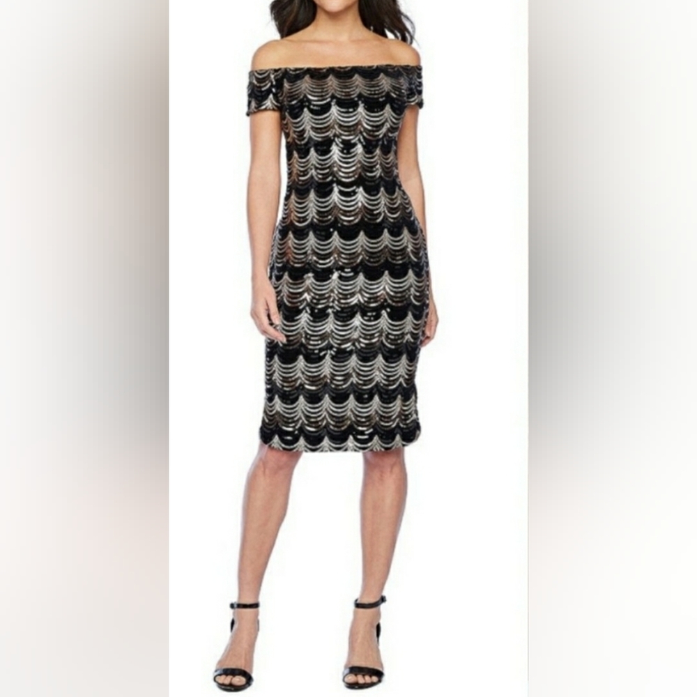 Off-the-shoulder multi-tone sequin midi dress